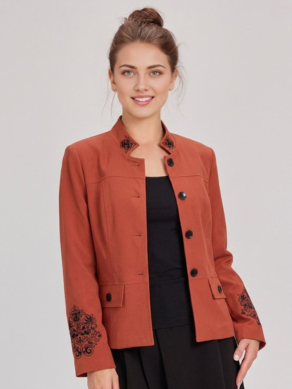 Dorby Brick Orange Embroidered Standing Collar Vintage Blazer Jacket